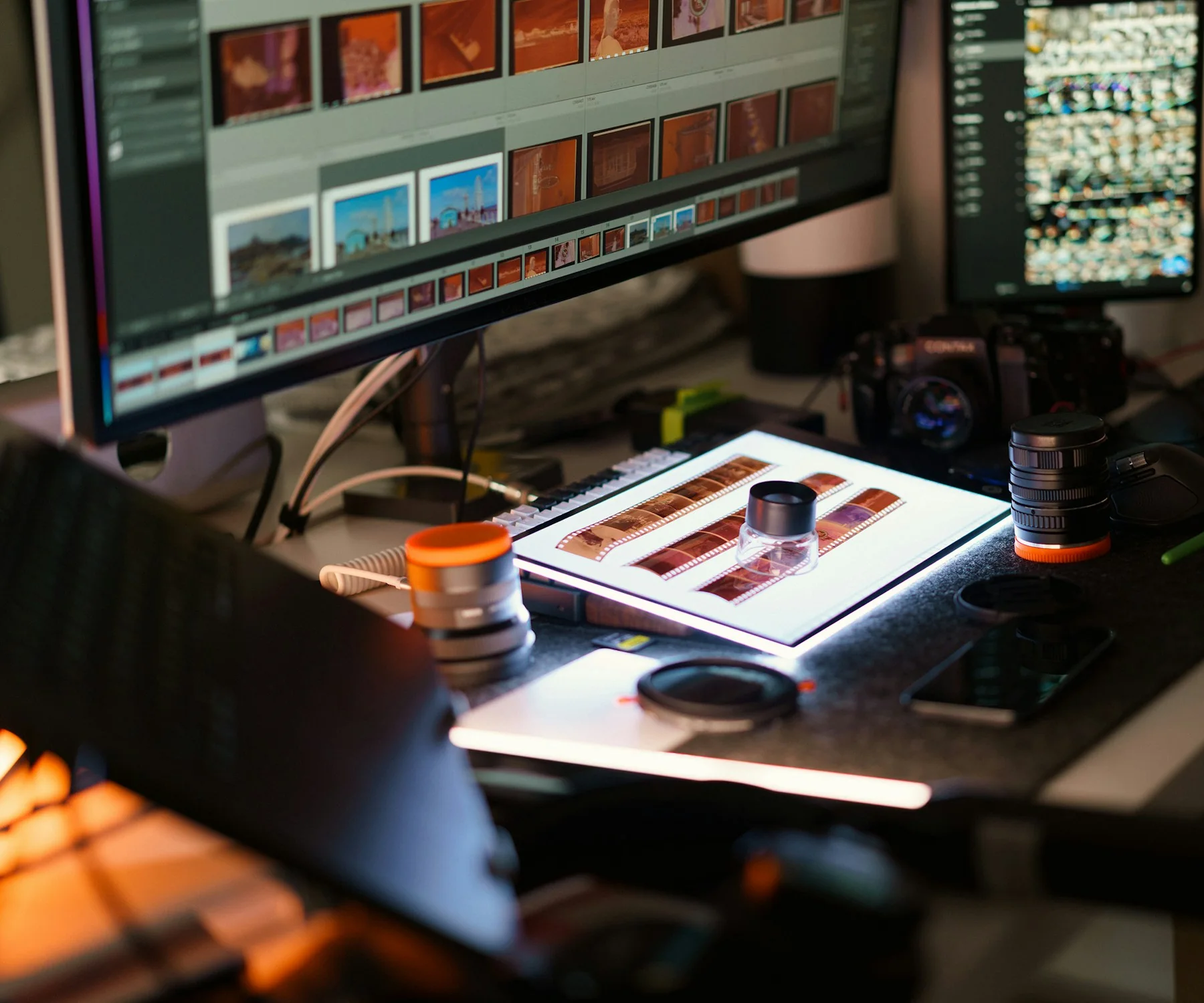 Meja kerja kreator dengan monitor, kamera, dan perangkat editing